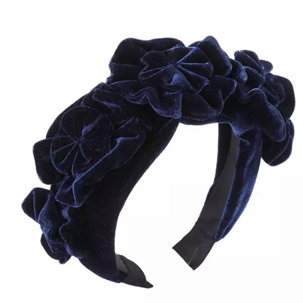 Thick blue velvet and satin floral  hairband